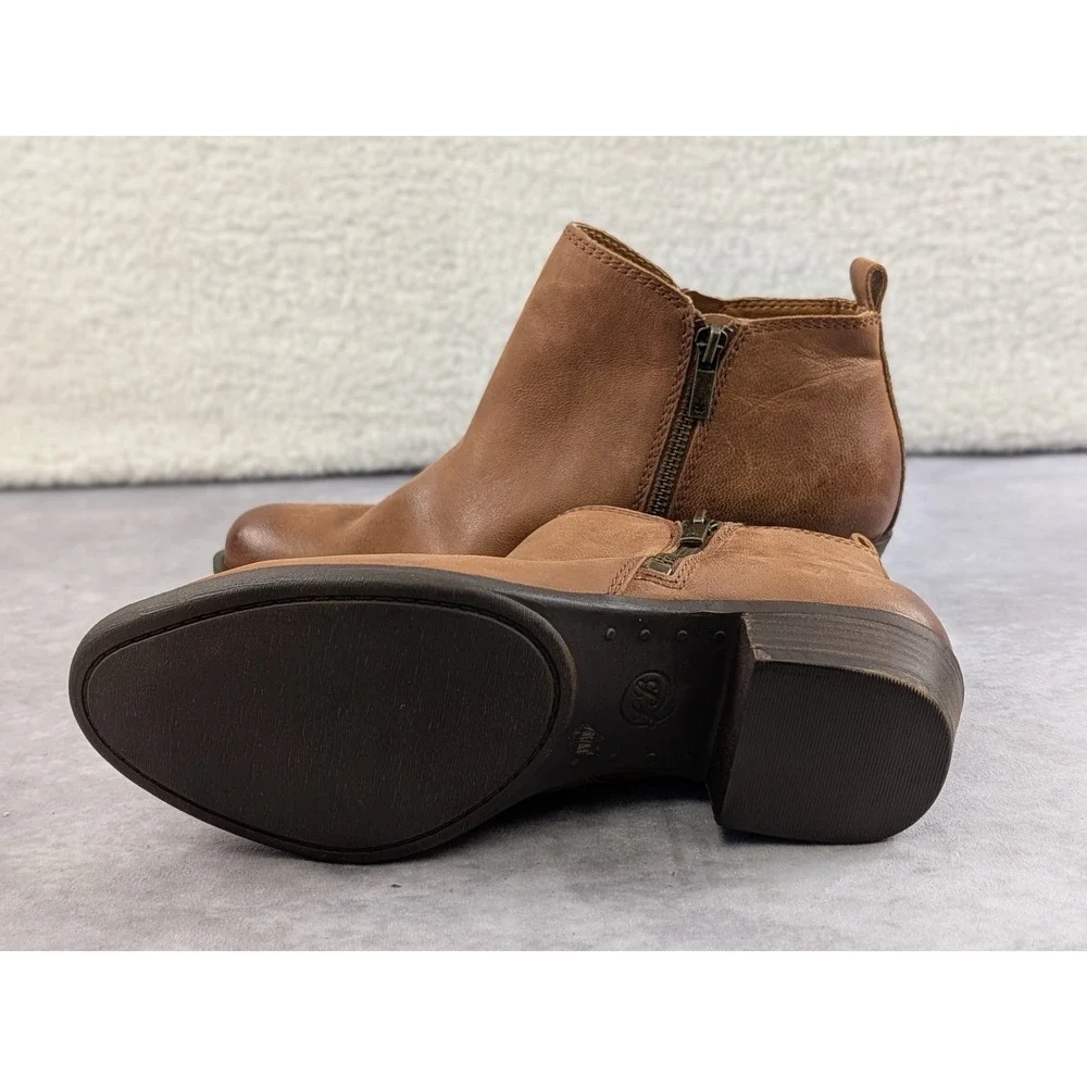 Lucky Brand Basel Tan Leather Ankle Booties Womens 8W Round Toe Low Block Heel